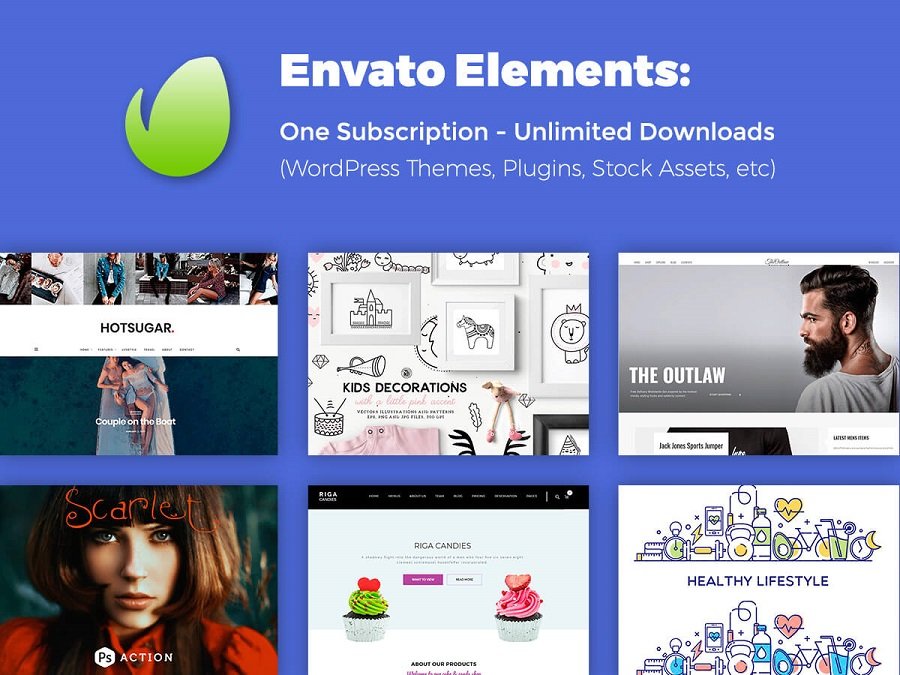 Envato Elements review: Screenshot showing subscription benefits including unlimited downloads of WordPress themes, plugins, stock assets, and more creative resources"