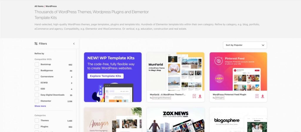 Collection of professional WordPress themes available for unlimited download with an Elements subscription