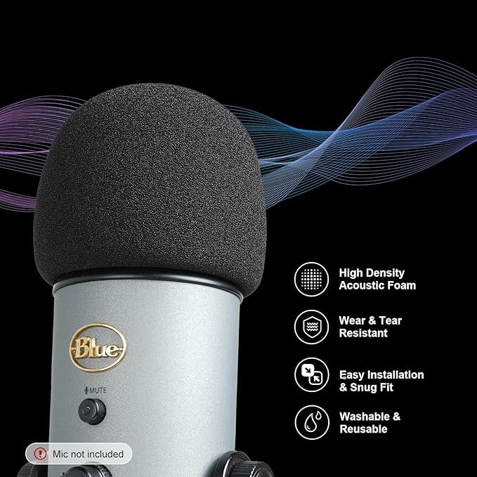 Premium foam cover windscreen for Blue Yeti Logitech microphone featuring high density acoustic foam, wear resistance, easy installation, and washable design with sound wave visualization