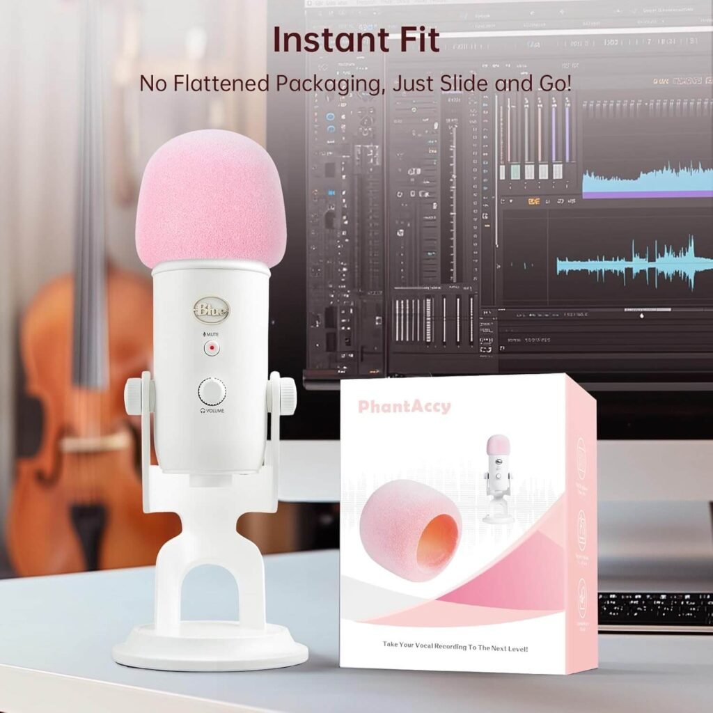 Pink foam cover windscreen for Blue Yeti Logitech microphone with instant fit design and packaging featuring easy installation