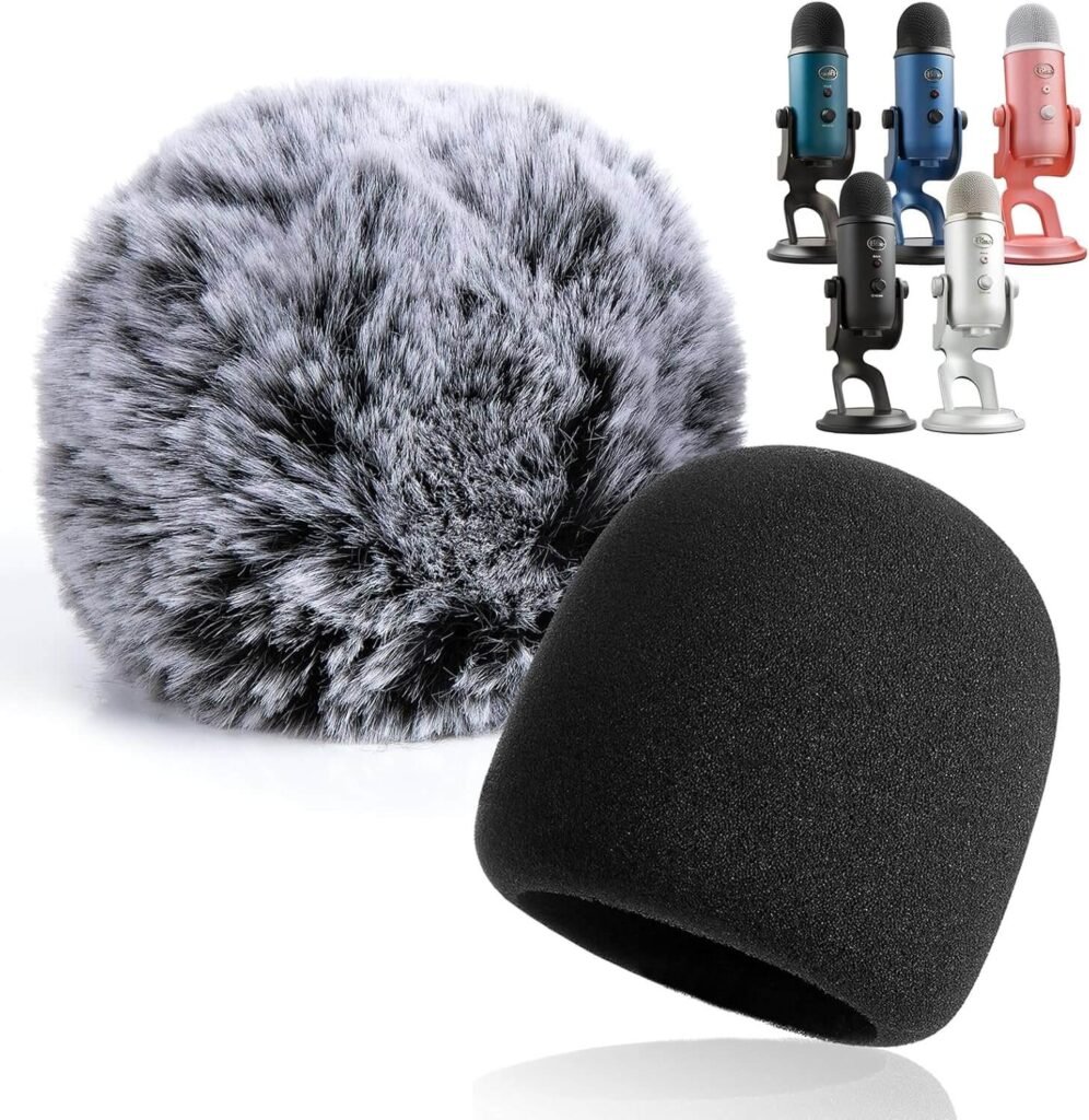 Black foam cover windscreen for Blue Yeti Logitech alongside furry deadcat windscreen with various colored microphones in background