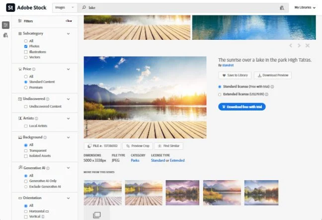 Adobe Stock user interface showing search filters and preview of a lake sunset image, showcasing the platform's functionality in the Envato Elements vs Adobe Stock comparison