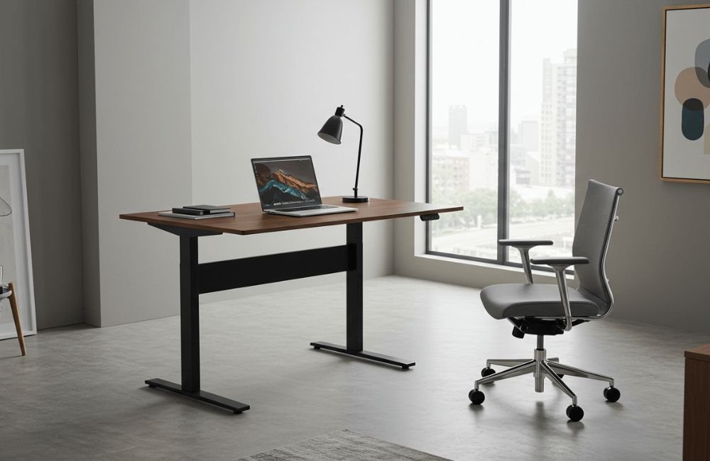 Agilestic electric standing desk with walnut top and black frame in minimalist office setting with natural light, task lamp, and ergonomic chair