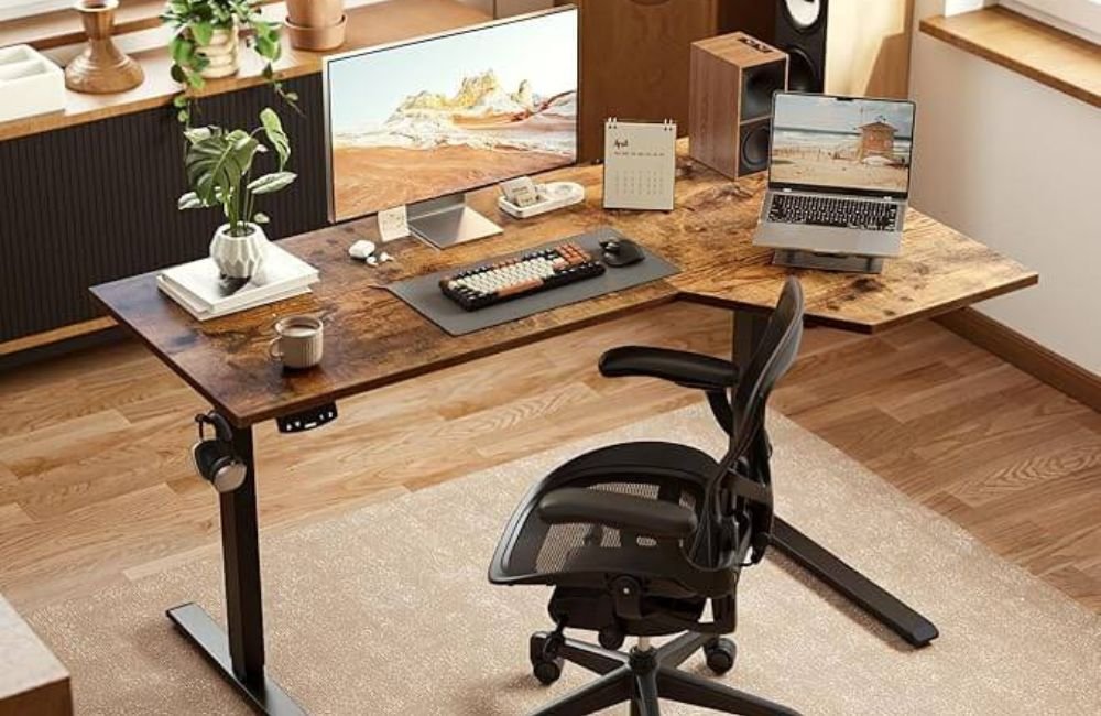 Agilestic L-shaped standing desk with walnut finish featuring dual monitor setup, ergonomic keyboard, and laptop stand in a modern home office environment