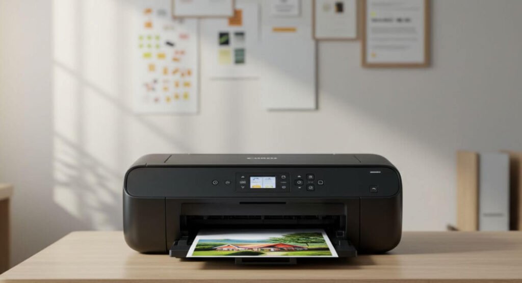 alt="Black Canon Pixma IP8720 photo printer showcasing high-quality printing capabilities while demonstrating the Best Home Photo Printing solution, with a coastal village image being produced and vibrant blue color reproduction."