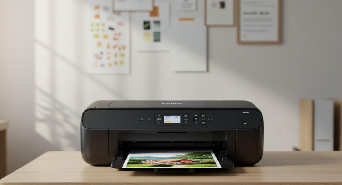 alt="Black Canon Pixma IP8720 photo printer showcasing high-quality printing capabilities while demonstrating the Best Home Photo Printing solution, with a coastal village image being produced and vibrant blue color reproduction."