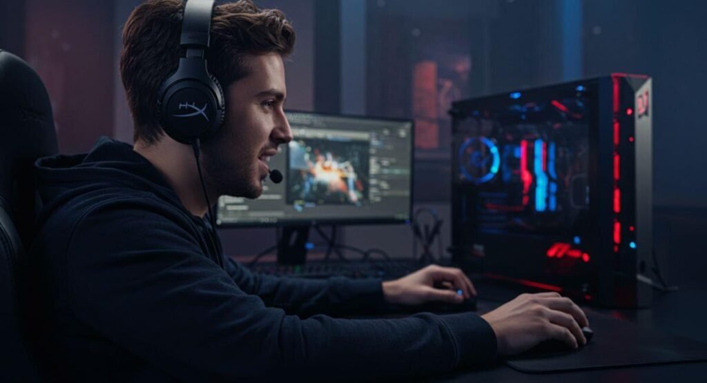 Gamer focused on screen while wearing black HyperX headphones with gaming PC visible in background
