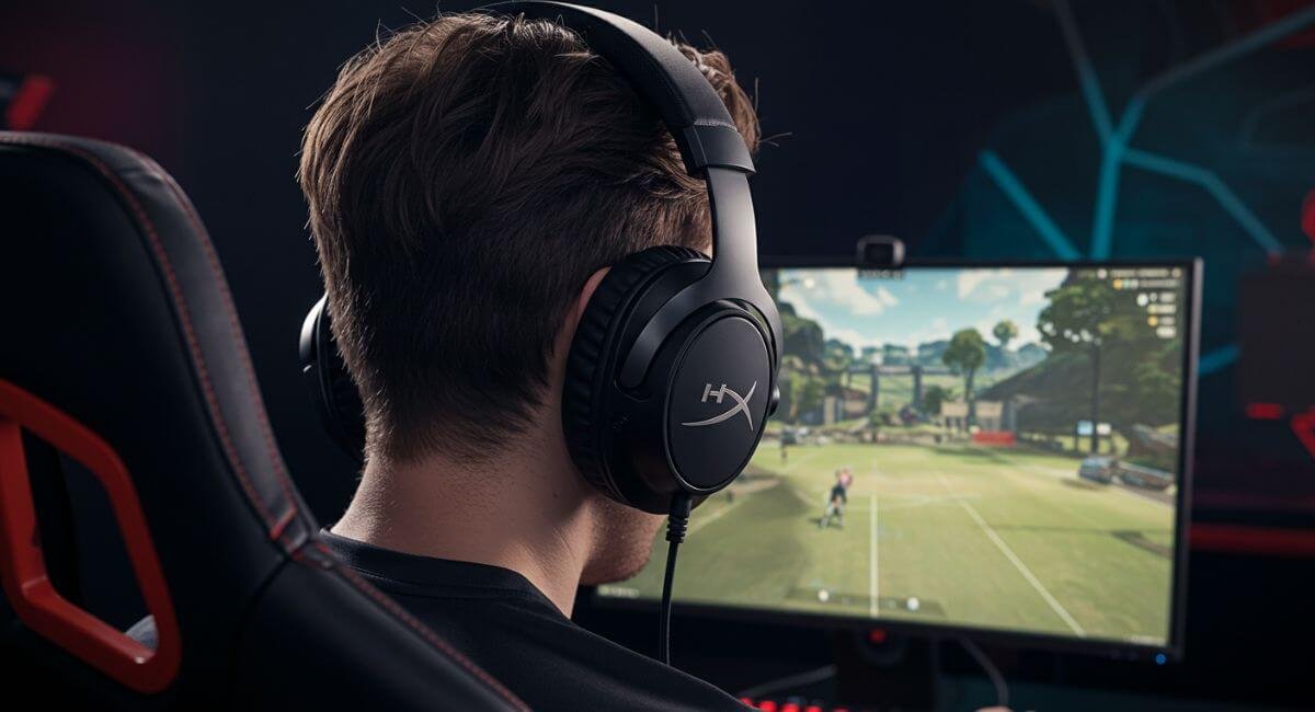 Back view of gamer wearing HyperX headphones while playing sports video game on gaming setup
