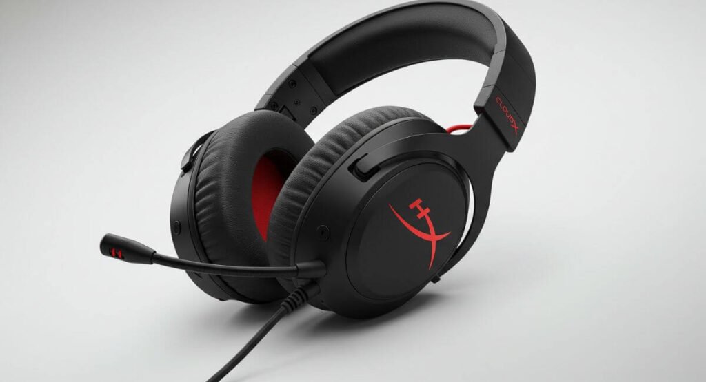 HyperX Cloud Alpha gaming headphones featuring red accents and detachable microphone