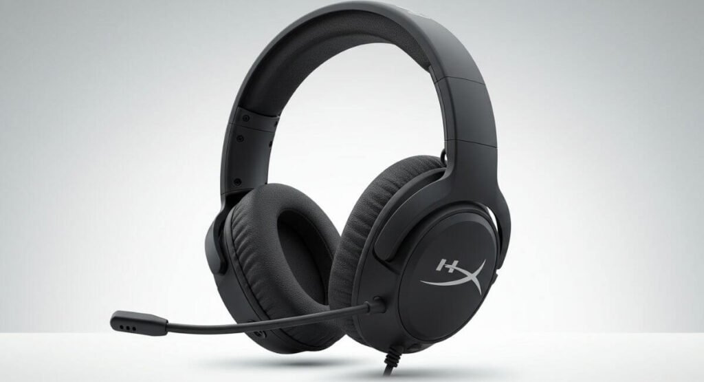 Side profile of HyperX Cloud headphones with attached microphone boom in blackout design