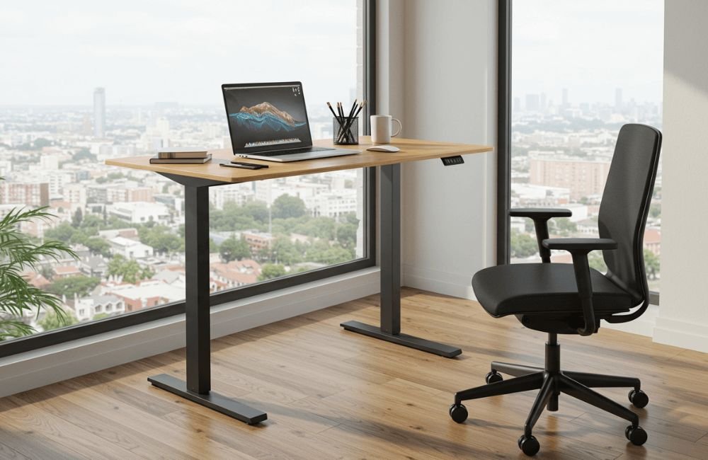 Agilestic height-adjustable standing desk with wooden top in modern high-rise office with panoramic city view and ergonomic office chair