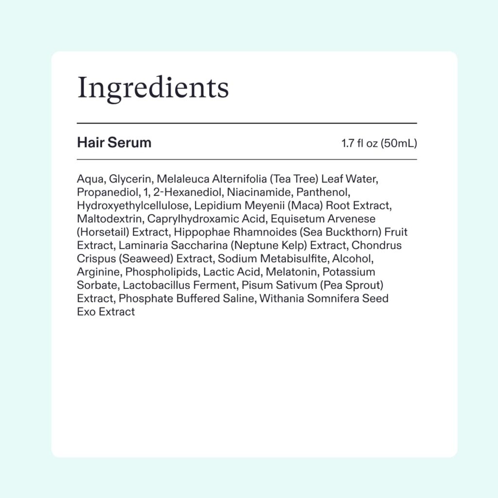 Ingredient list for Nutrafol Hair Serum (1.7 fl oz/50mL) displayed on a light blue background. The extensive ingredient list includes aqua, glycerin, tea tree leaf water, various botanical extracts including maca root, horsetail, sea buckthorn, seaweed, and ashwagandha seed exo extract, along with niacinamide, panthenol, and other compounds.