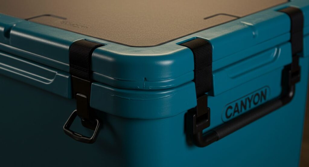 Close-up detail shot of a teal Canyon Coolers corner, showing the secure latch system, rubber gasket seal, and molded construction designed for durability. The Canyon logo is visible on the side.