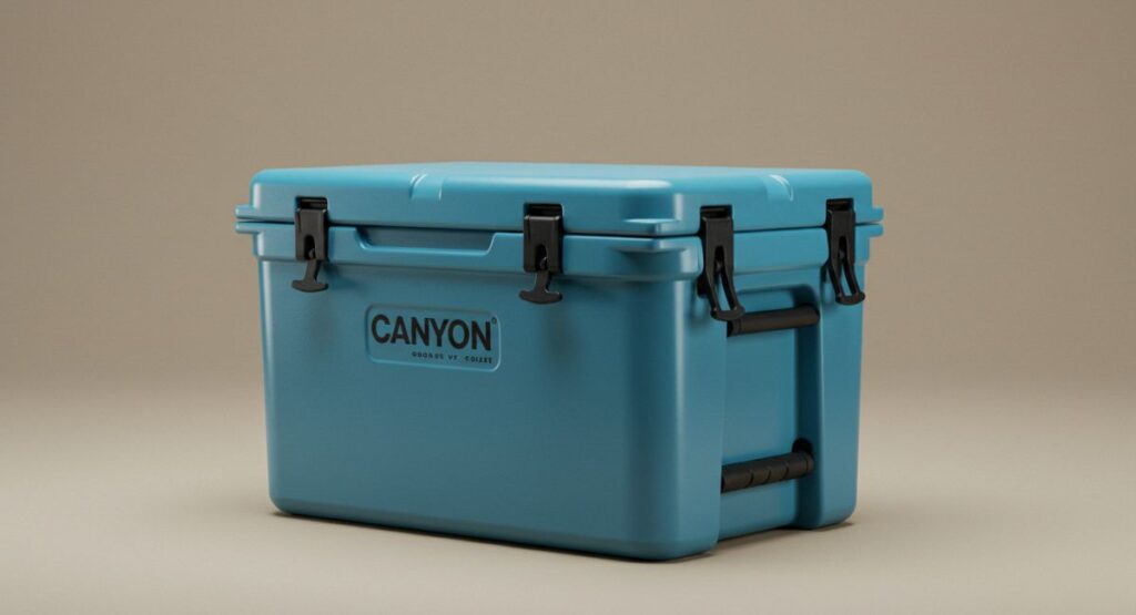 "Studio product photography of a light blue Canyon Cooler with black latches and handles against a neutral background. The cooler's branding is visible on the front.