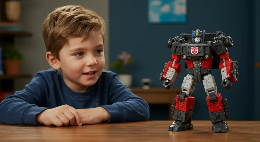  Young boy admiring a classic black and red Autobot figure with authentic G1 styling, one of the best transformers toys for introducing children to the franchise.