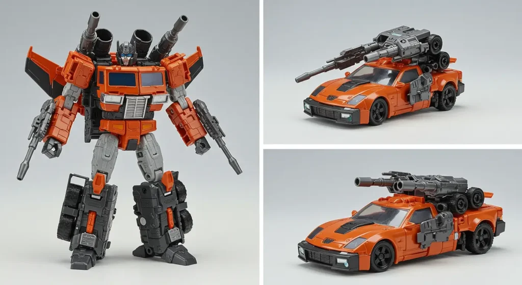 High-quality orange G1-inspired Transformer in both robot and vehicle modes, featuring detailed weaponry, considered among best g1 transformers toys for collectors.