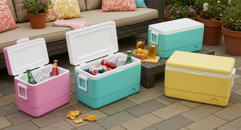 Collection of pink, teal, and yellow styrofoam coolers filled with ice and beverages for outdoor entertaining