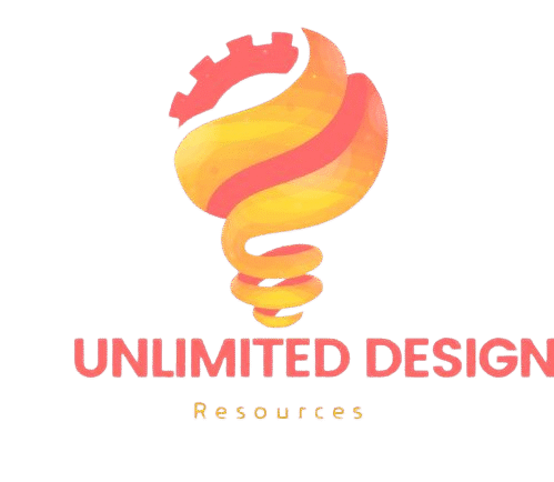 Unlimited Design Resources logo featuring a stylized lightbulb with swirling gradient design in coral, orange and yellow colors above bold text reading "UNLIMITED DESIGN" with "Resources" in smaller orange text below