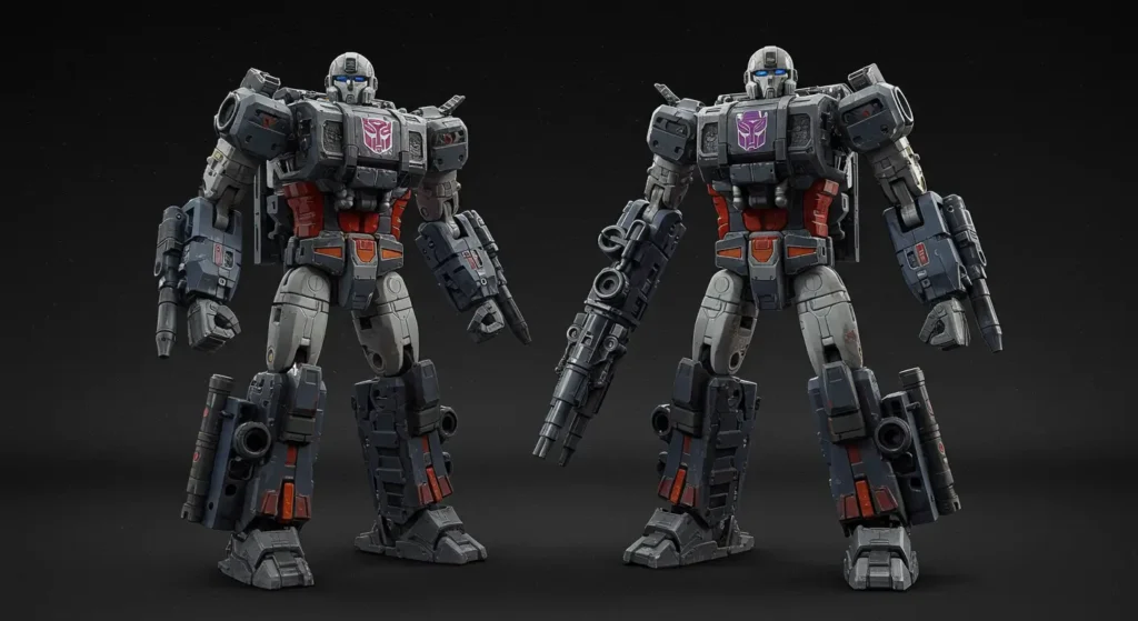 Pair of highly-detailed military-style Autobot figures with purple insignias, exemplifying the best transformers toys for adults with authentic design elements.