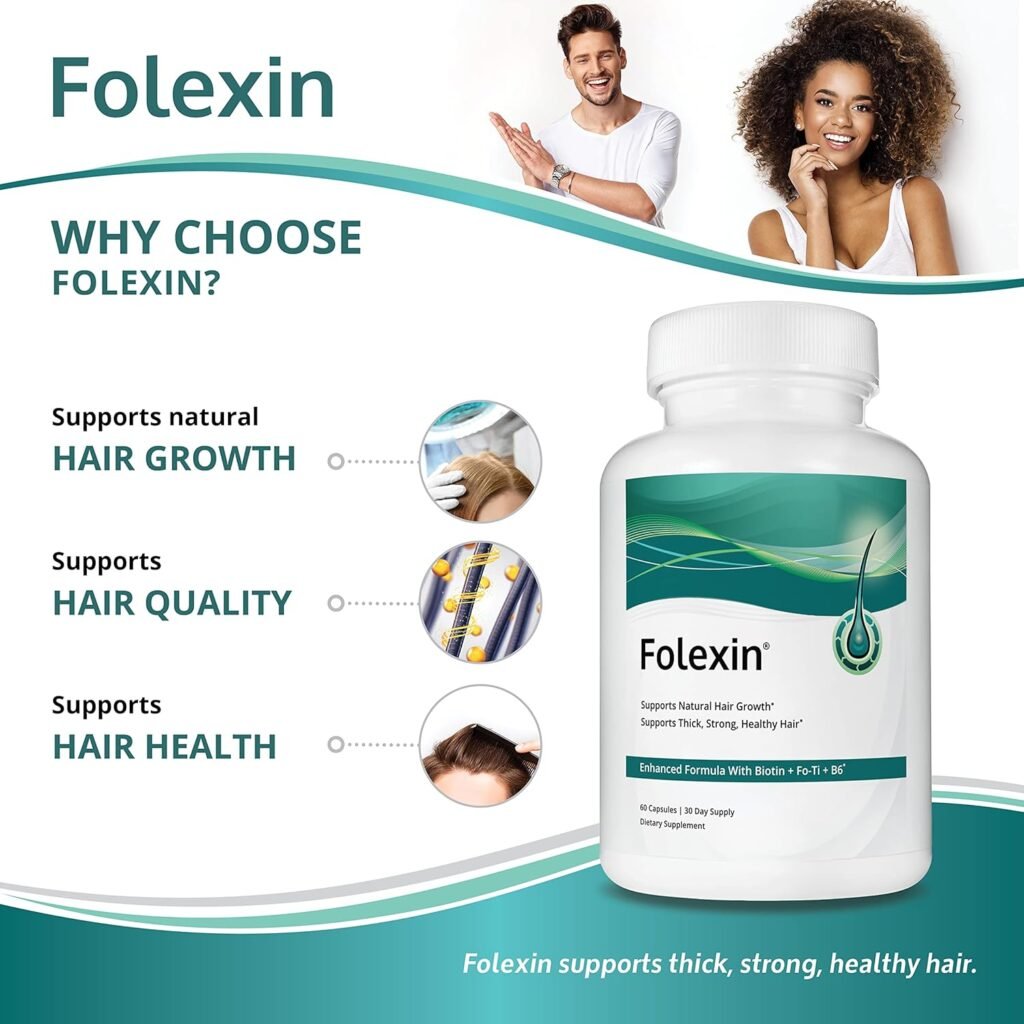 Comprehensive folexin review showing benefits for hair growth, quality, and health with product bottle and satisfied users