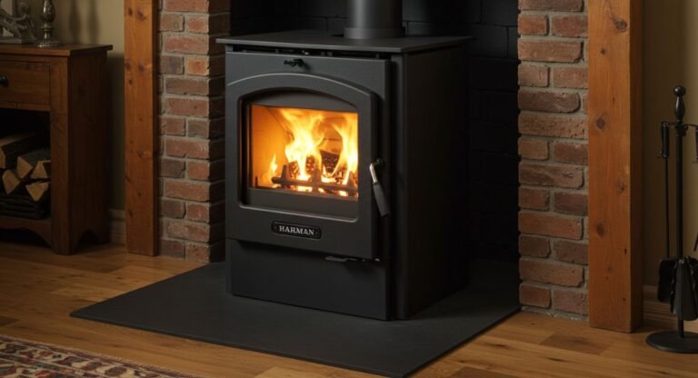 Harman pellet stove with active fire installed in brick fireplace alcove with wooden surround