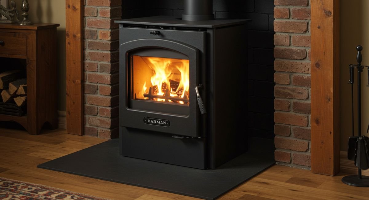 Harman pellet stove with active fire installed in brick fireplace alcove with wooden surround