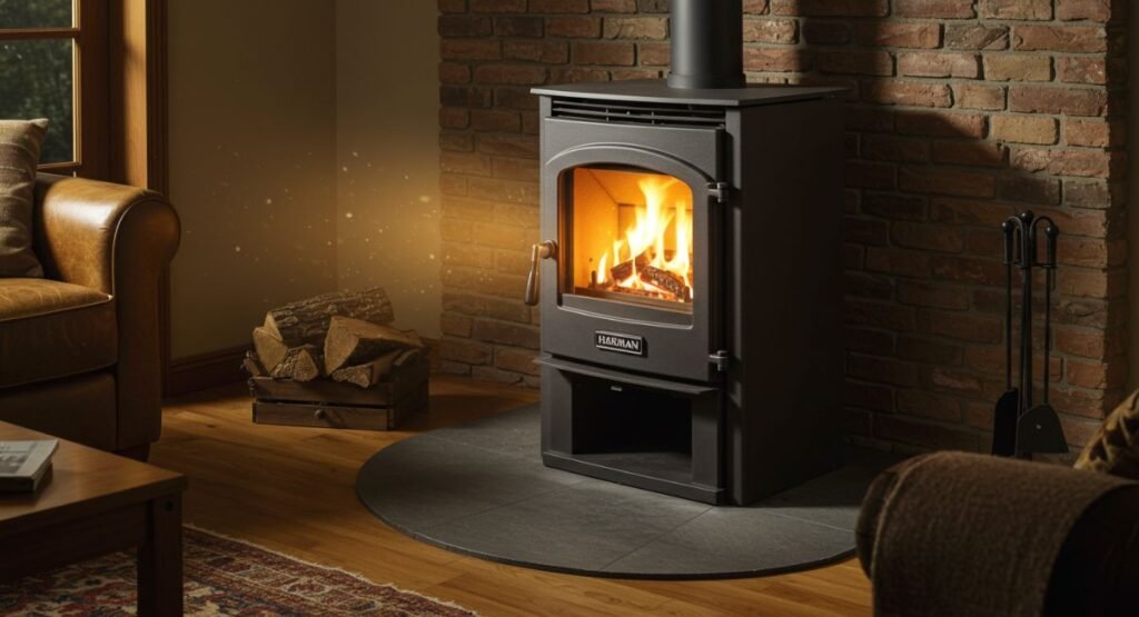 Harman pellet stove creating warm ambiance in cozy living room with leather furniture and firewood storage