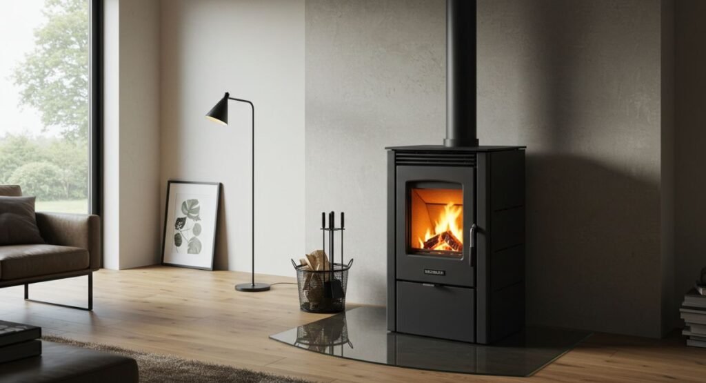 Harman pellet stove in contemporary minimalist living space with large windows and modern decor