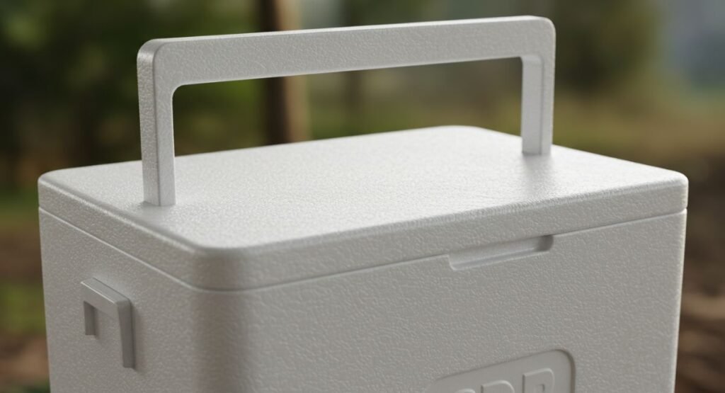 Lightweight styrofoam cooler on wooden deck with beach background, ideal for keeping drinks cold