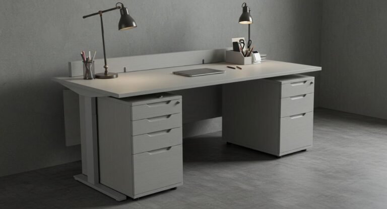 Minimalist white stand up desk with drawers featuring dual file cabinets and clean lines for contemporary workspaces