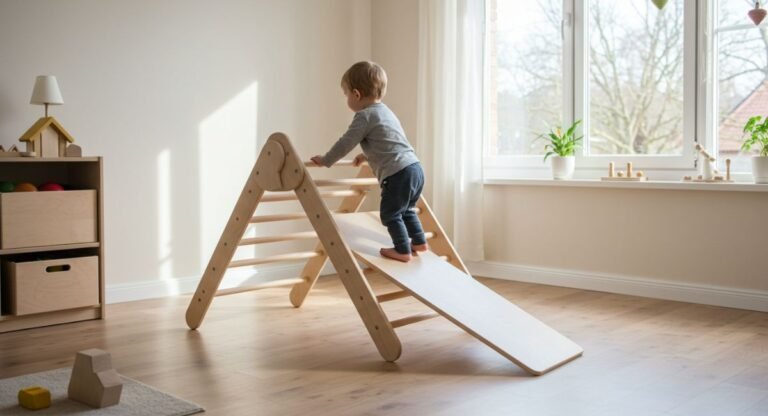 Toddler climbing a wooden triangle with slide attachment in a minimalist playroom with natural lighting and simple storage