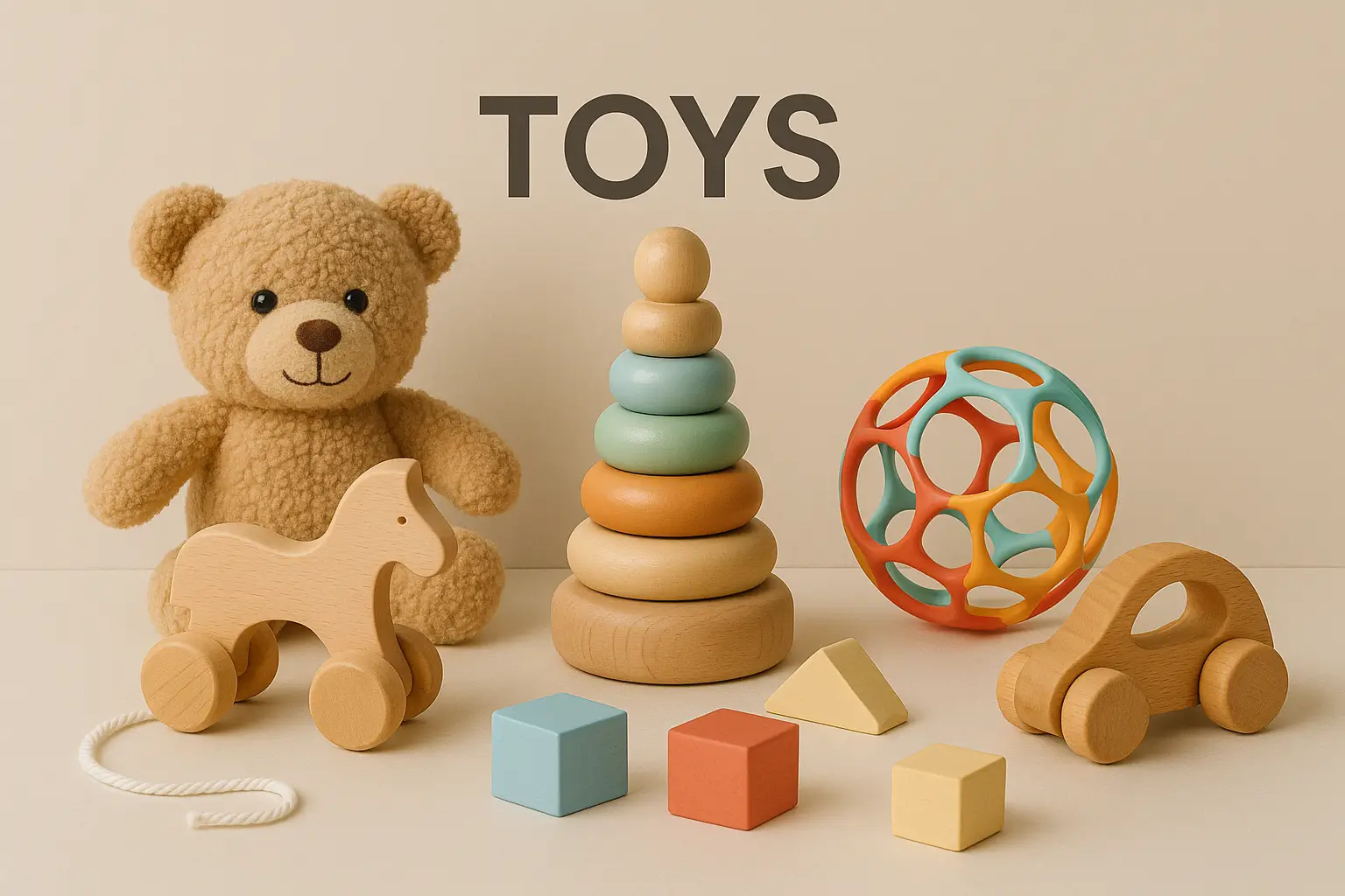 Collection of natural wooden and eco-friendly children's toys including teddy bear, stacking rings, wooden cars, sensory ball, building blocks and pull-along elephant arranged on neutral beige background