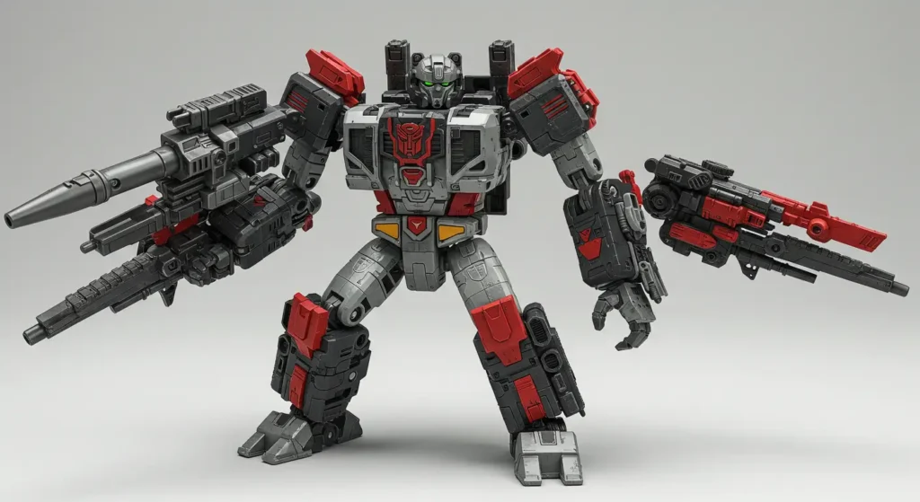  Silver and red heavily-armed Autobot figure with dual weapons systems, representing premium best transformers toys for serious collectors.