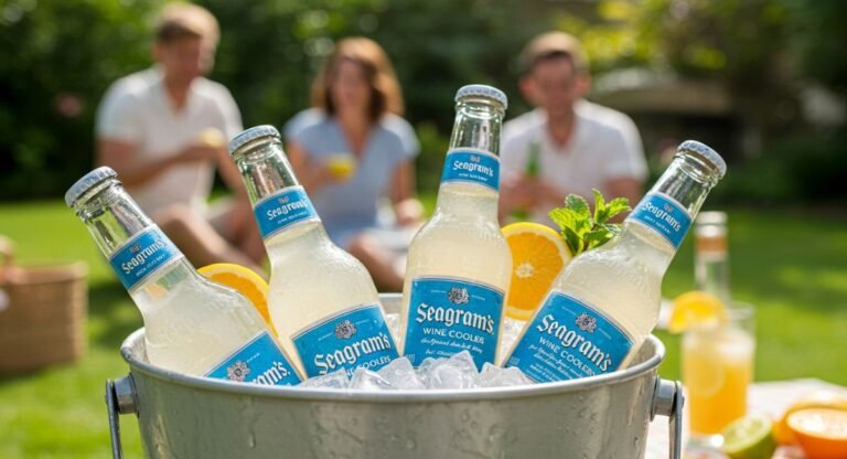 Seagram's Wine Coolers in ice bucket at outdoor summer gathering with citrus garnish