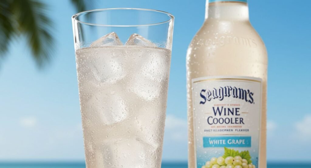 Seagram's Wine Coolers White Grape flavor in glass with tropical beach background
