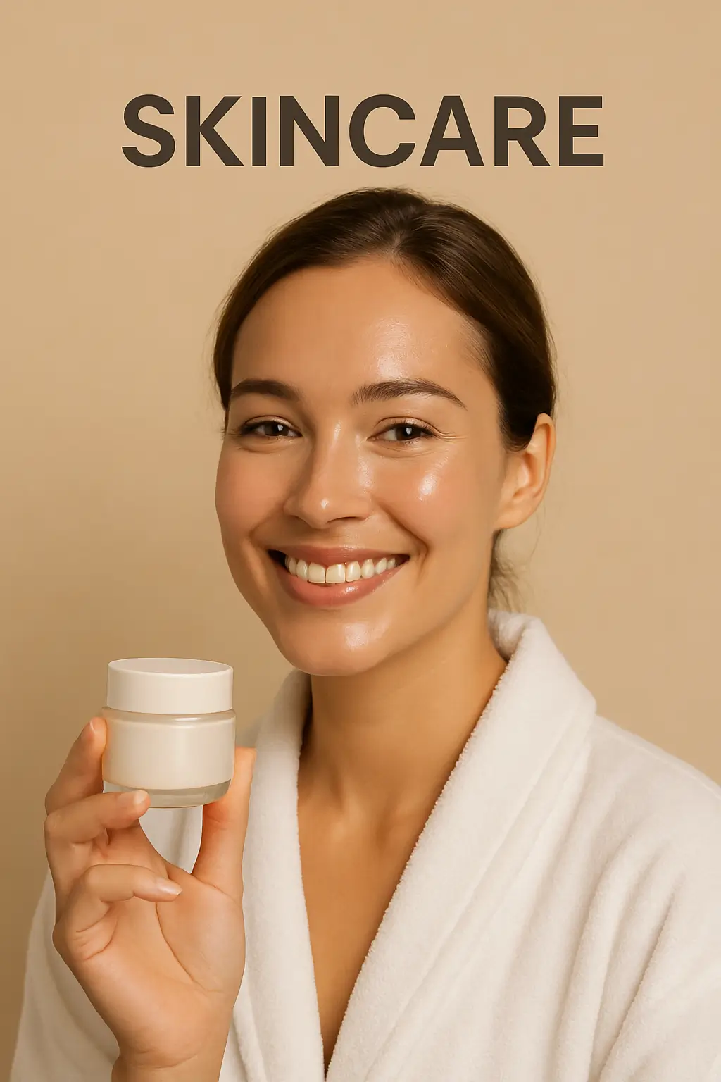 Smiling woman in white bathrobe holding skincare moisturizer jar showing healthy glowing skin after skincare routine on beige background