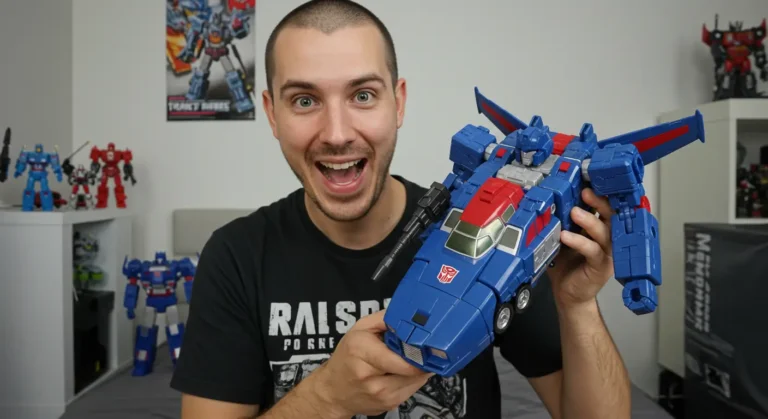 Enthusiastic collector showing off a blue Transformers figure with Autobot logo, one of the best transformers toys for adults in a room with transformer collection display.
