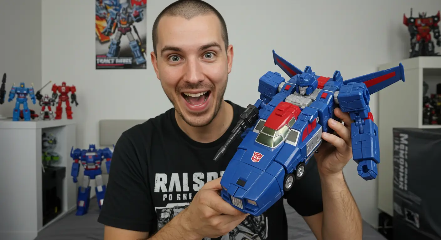 Enthusiastic collector showing off a blue Transformers figure with Autobot logo, one of the best transformers toys for adults in a room with transformer collection display.