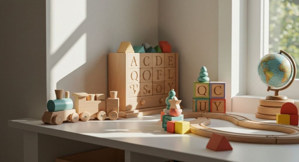 Wooden alphabet blocks, miniature train set, and educational toys arranged on a white table with natural sunlight, perfect examples of how to choose Montessori toys that promote learning