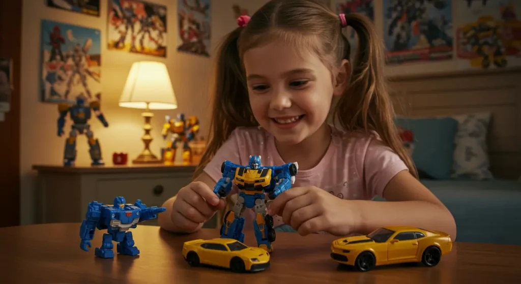 Smiling girl playing with yellow Bumblebee transformer toy and blue Autobot figures, showcasing the best bumblebee transformer toy for children.